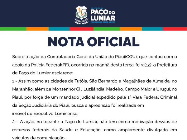 Prefeitura de Paço do Lumiar emite nota sobre operação da CGU e PF